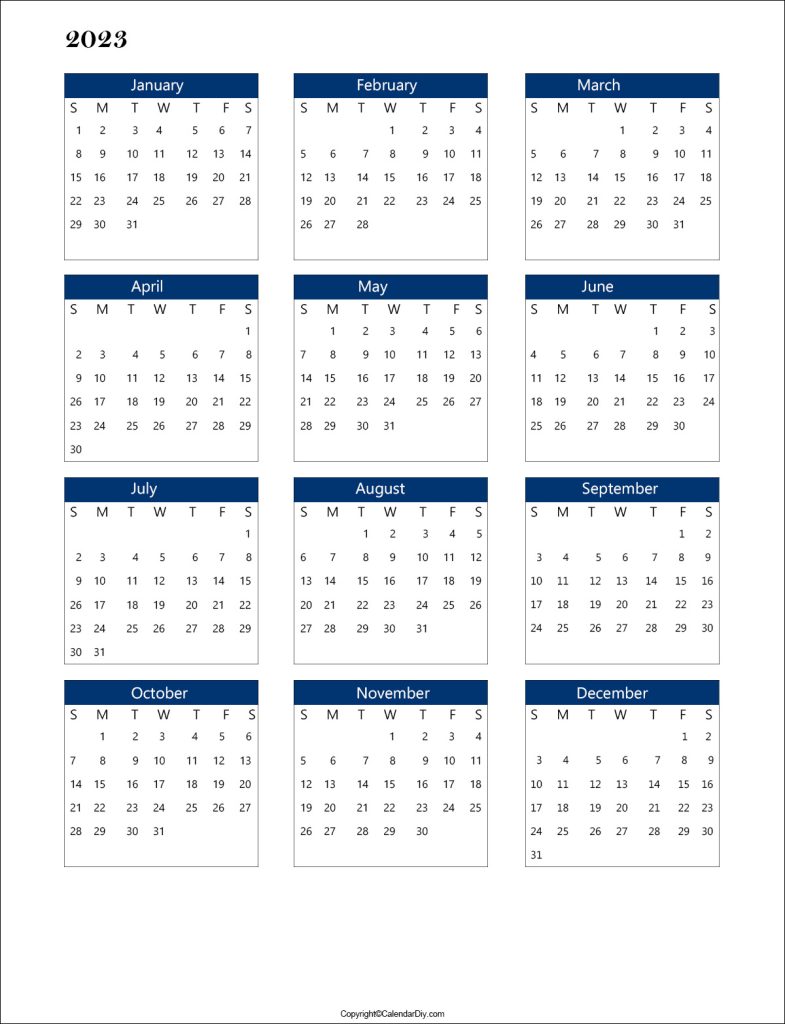 Printable One Page Calendar 2023