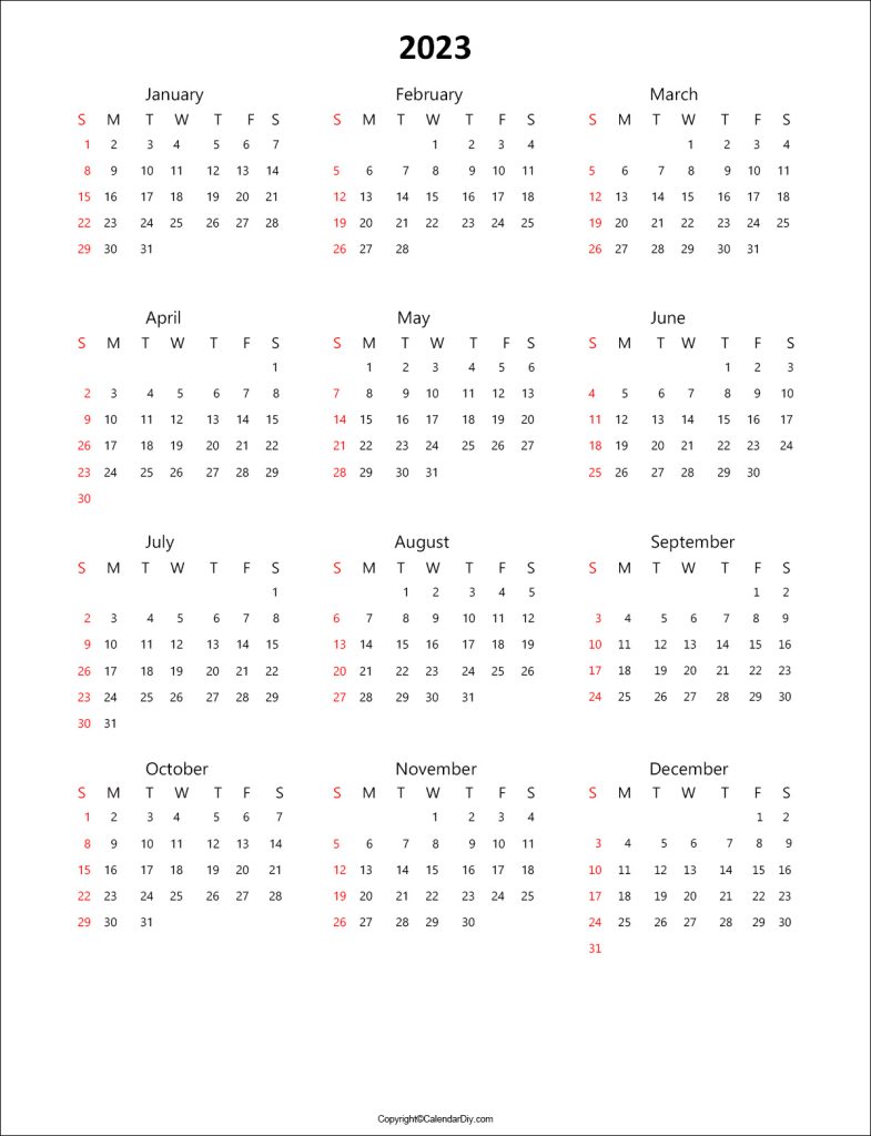 One Page Yearly Calendar 2023