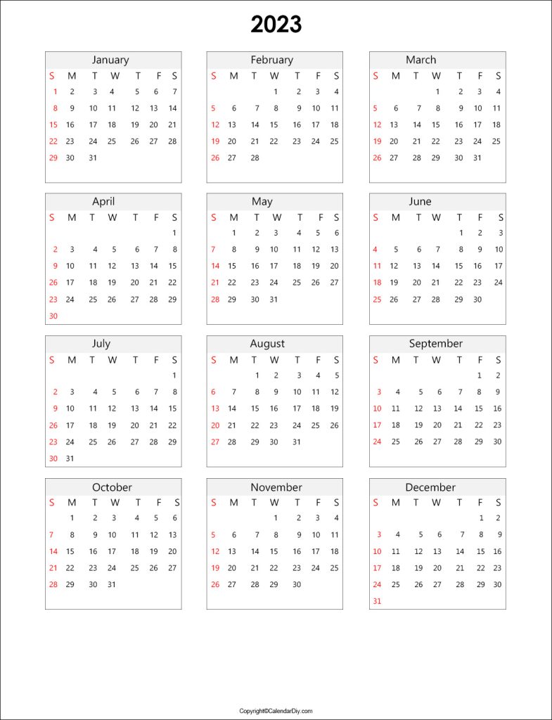 12-Month One-Page Calendar 2023