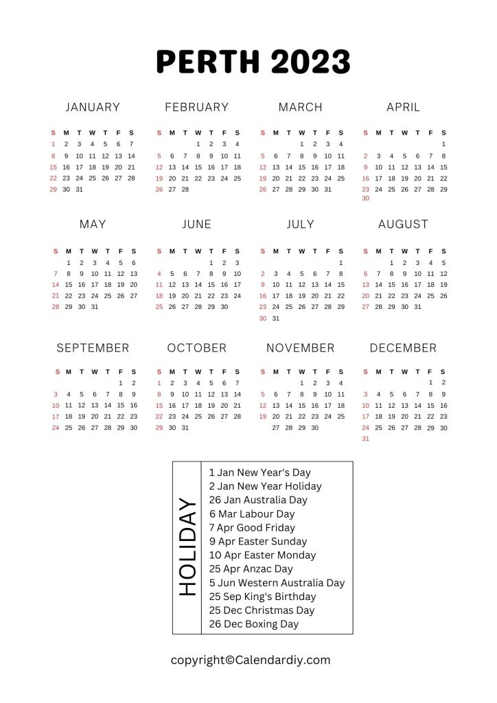Perth 2023 Calendar