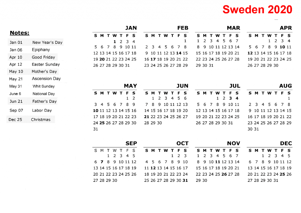 Printable Calendar 2020 with Sweden Holidays