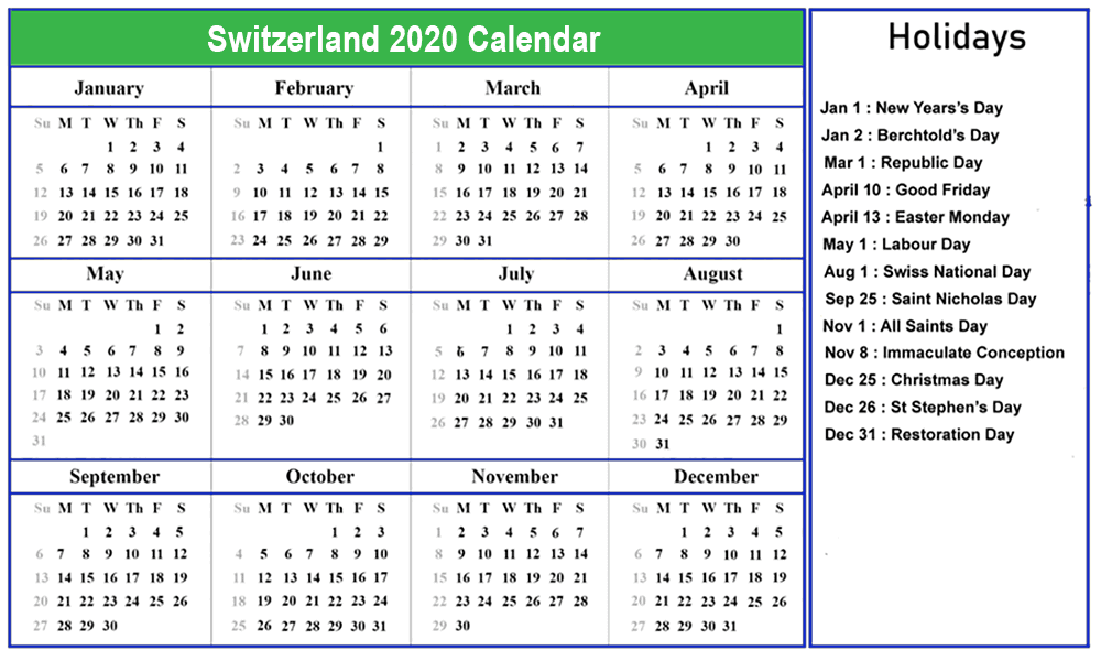 Printable Calendar 2020 with Switzerland Holidays