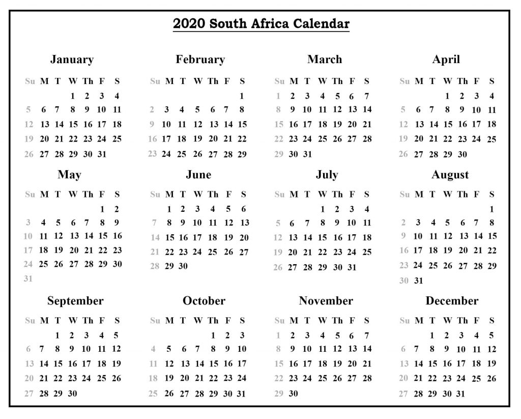 Printable South Africa Calendar 2020