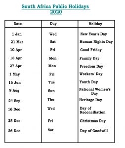 South Africa School Holidays 2020 Calendar Template (SA)