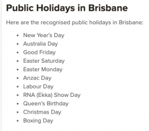 Brisbane Public Holidays 2020