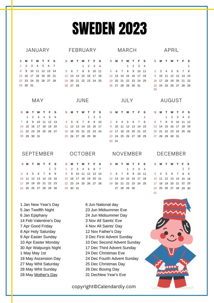 Printable Sweden Calendar 2023