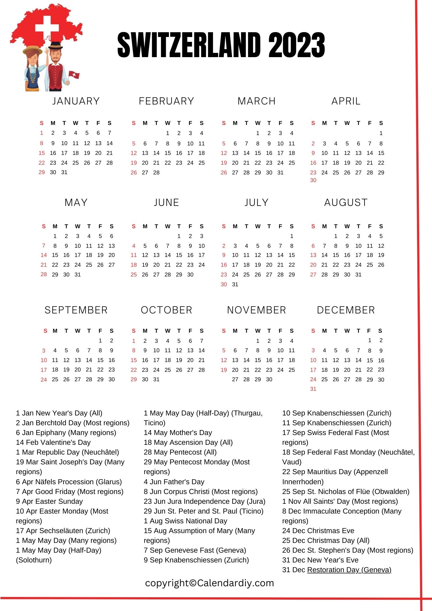Switzerland 2023 Printable Calendar