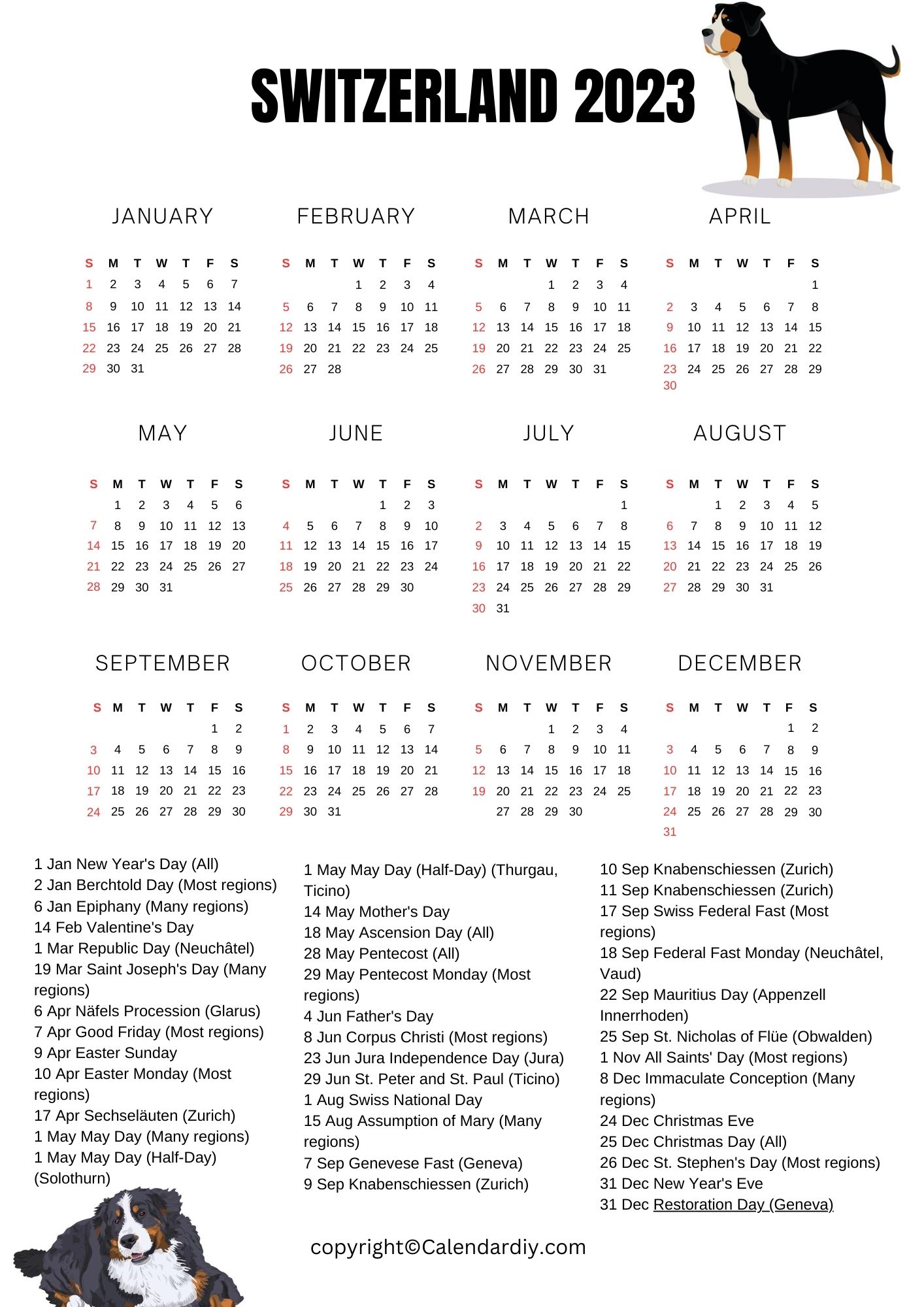 Printable Calendar 2023 with Switzerland Holidays