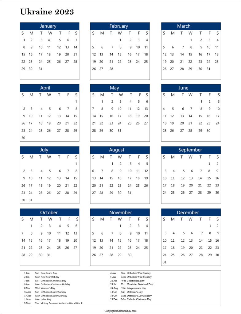 Ukraine 2023 Public Holiday Calendar