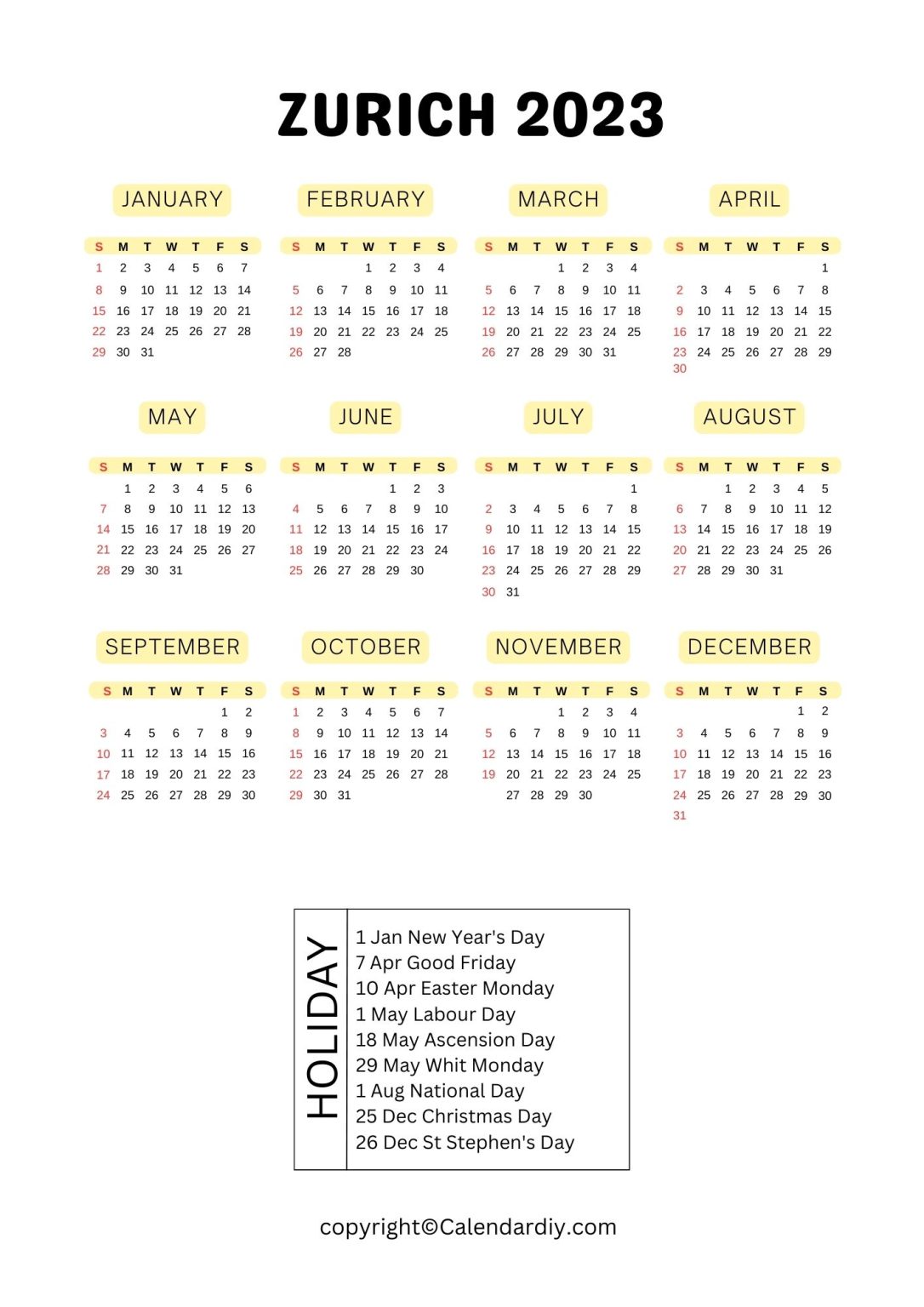 Zurich Public Holidays 2023 Calendar Zurich Holidays 2023