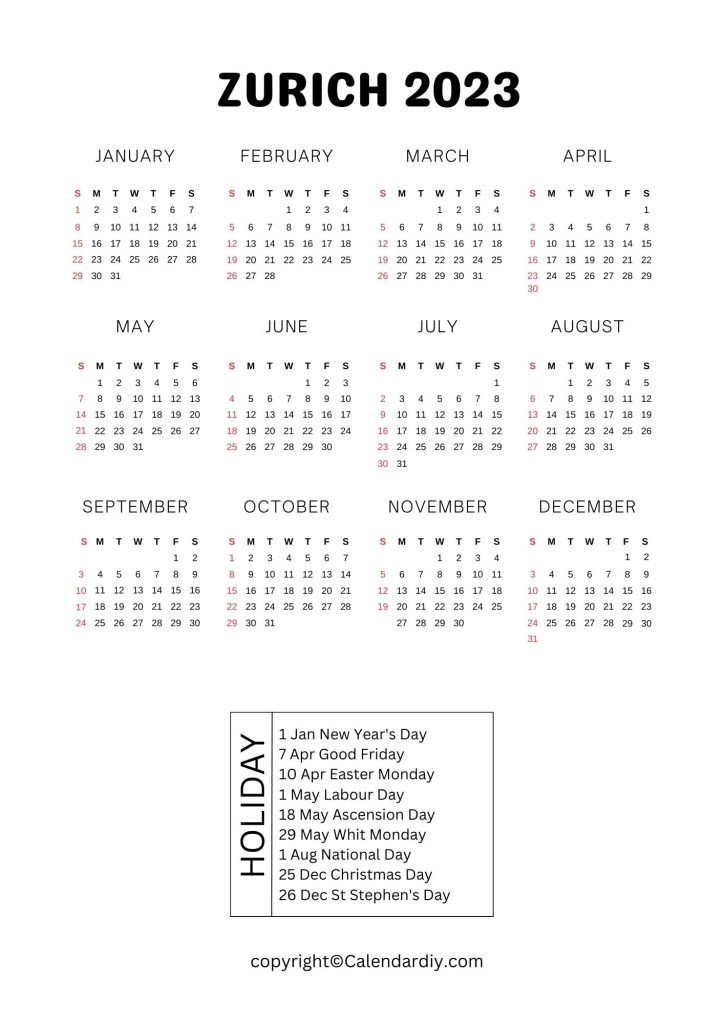 Zurich Printable Calendar 2023