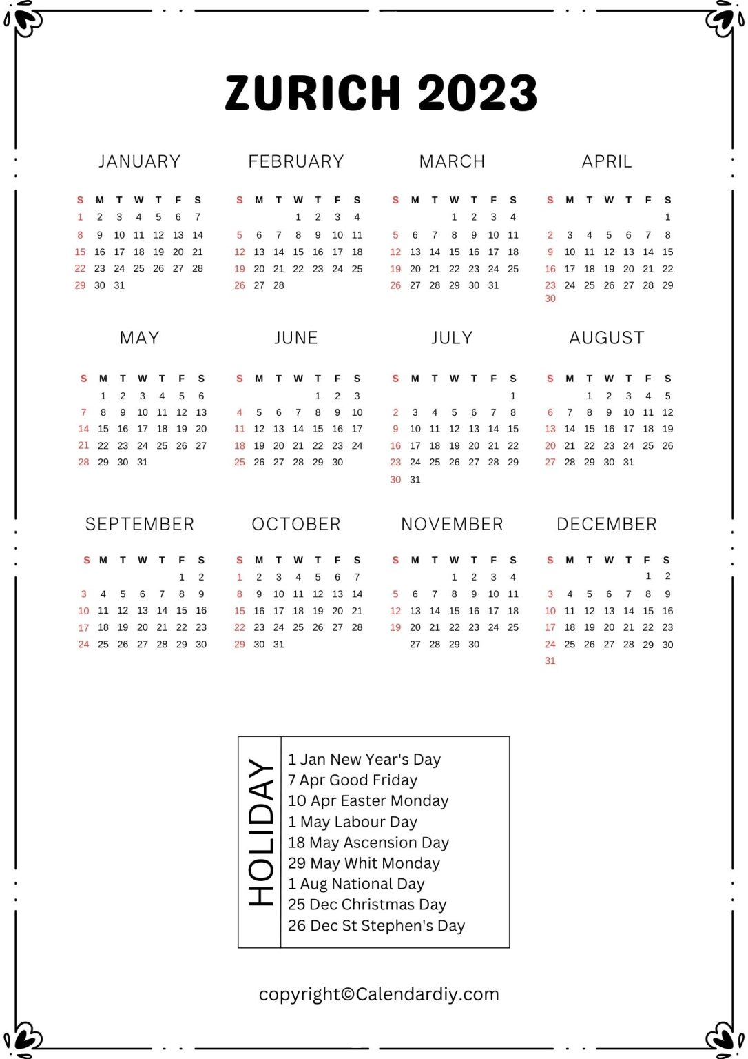 Zurich Public Holidays 2023 Calendar Zurich Holidays 2023