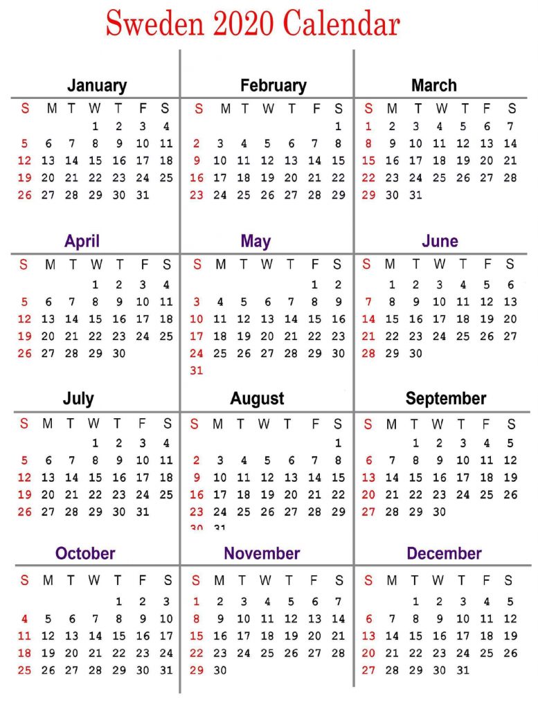 Blank Sweden Calendar 2020 Public Holidays