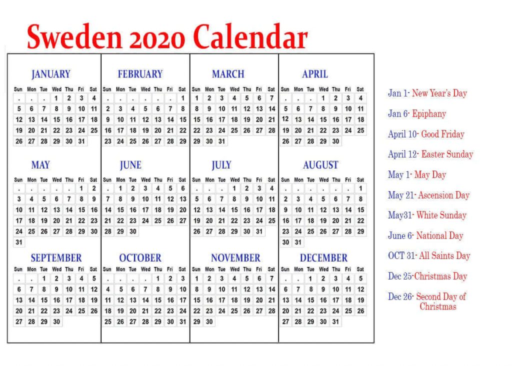 Printable Sweden Calendar 2020