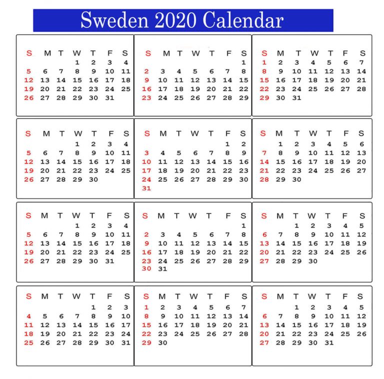 Free Blank Sweden Calendar 2020 Public Holidays Template