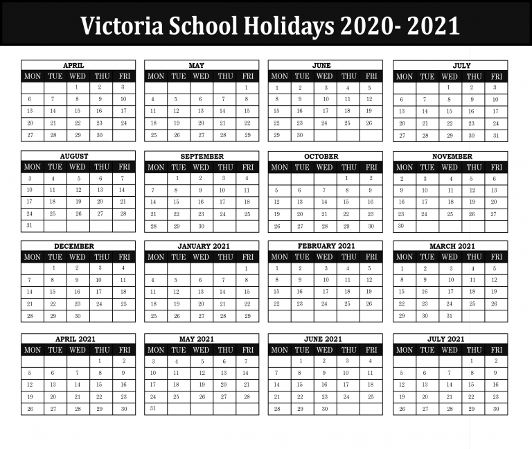 Victorian 2020 School Holidays Calendar Template (New South Wales)