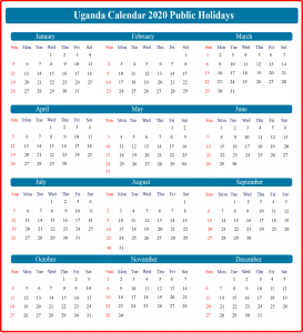 Printable 2020 Uganda Calendar Public Holidays
