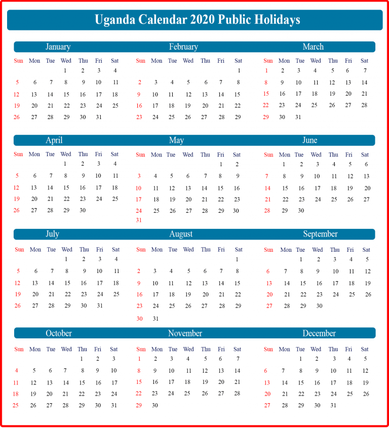 Uganda 2020 Printable Calendar With Public Holidays Templates