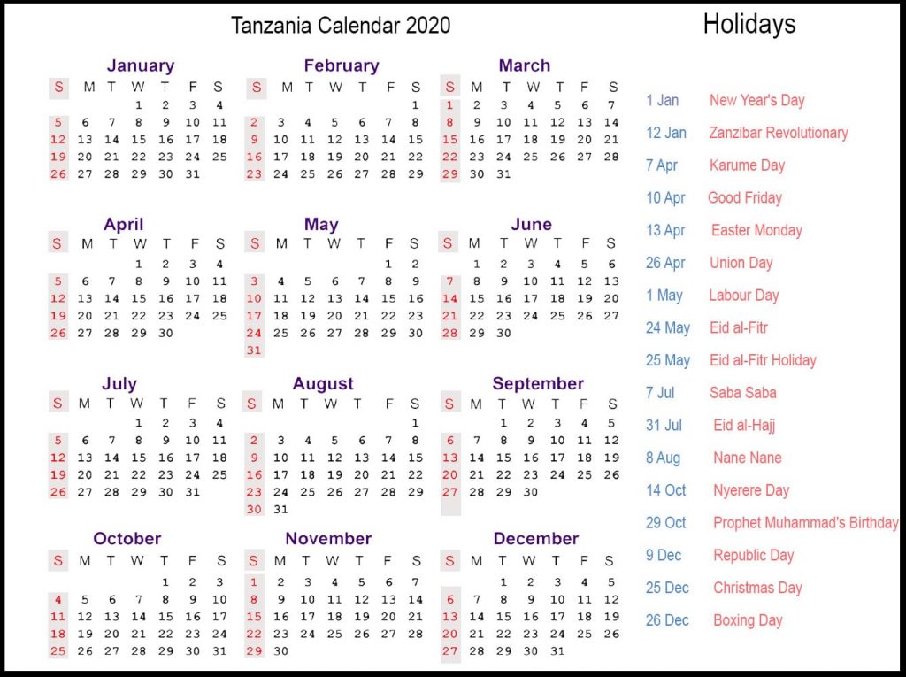 Printable 2020 Tanzania Calendar Public Holidays