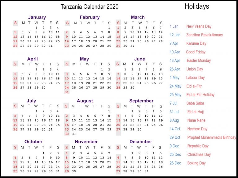 Free 2020 Tanzania Printable Calendar With Public Holidays