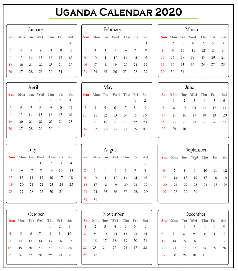 Uganda 2020 Printable Calendar With Public Holidays Templates