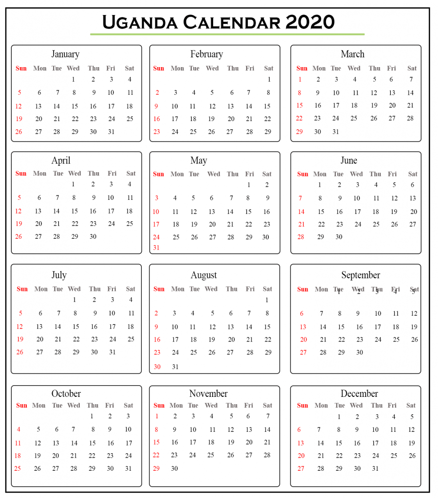 Printable Uganda 2020 Calendar