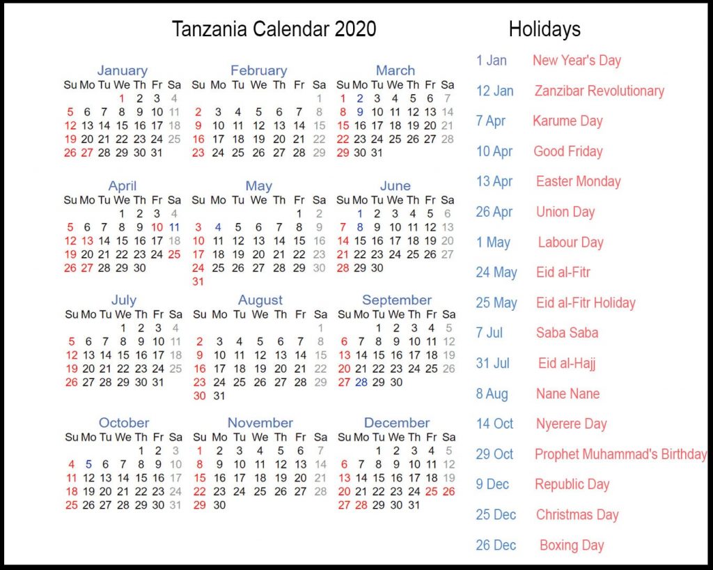 Public Holidays in Tanzania 2020