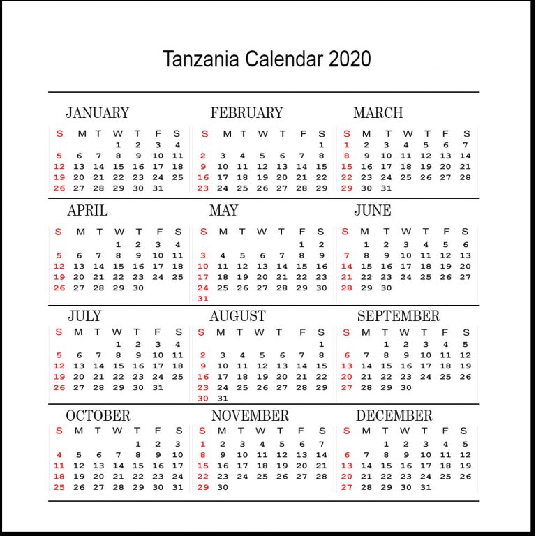 Free 2020 Tanzania Printable Calendar With Public Holidays