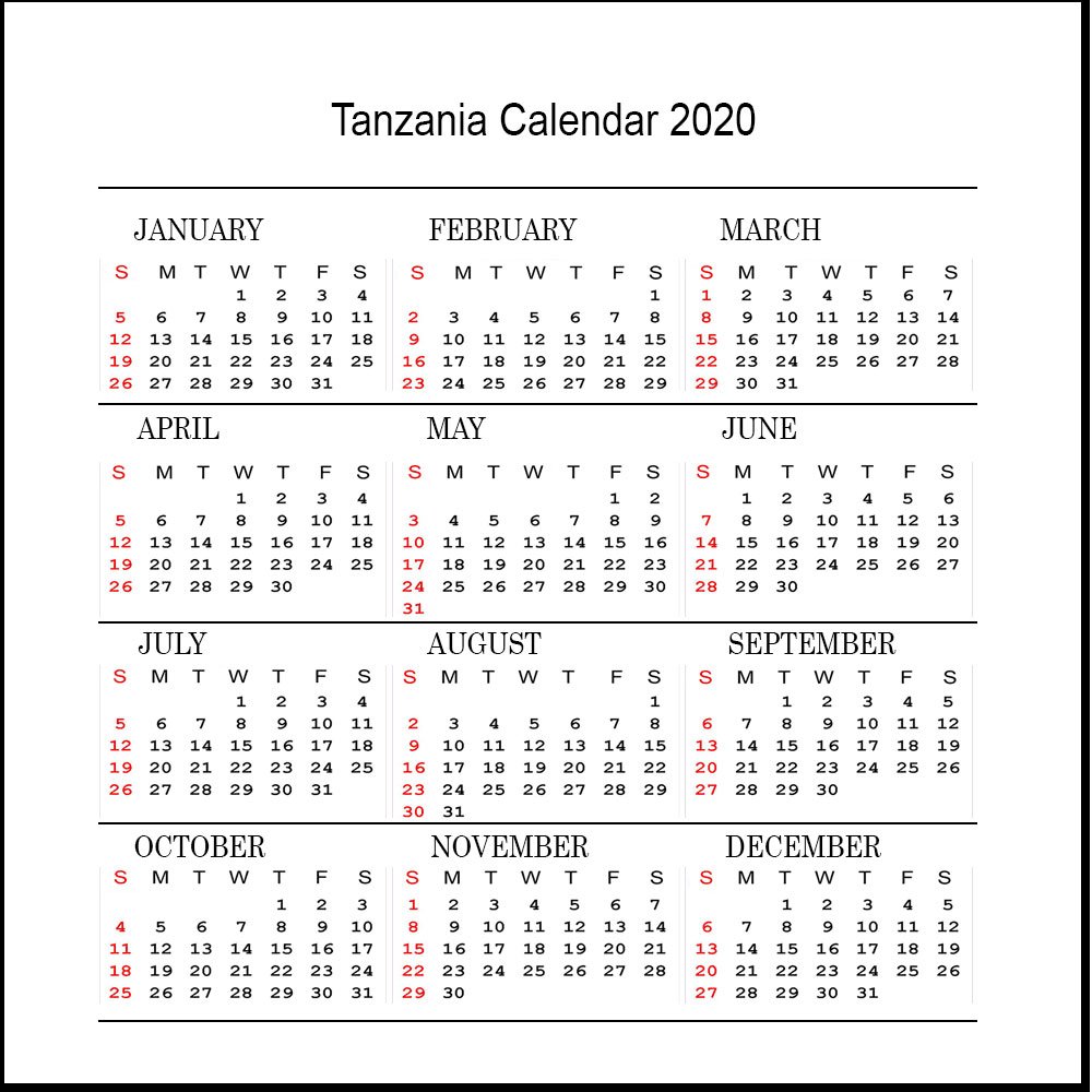 Printable Tanzania 2020 Calendar