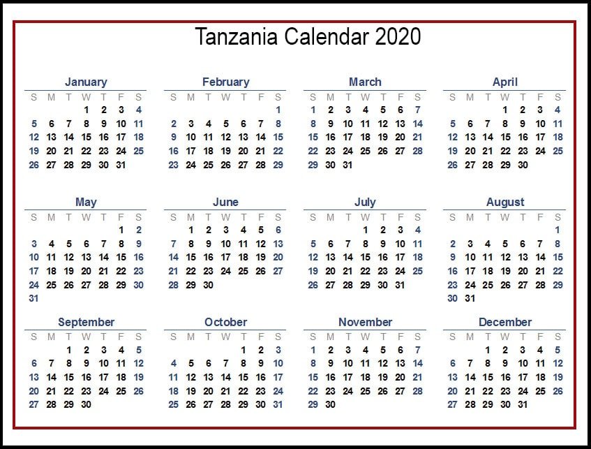 2020 Tanzania Calendar