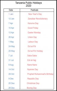 Printable Calendar 2020 with Tanzania Holidays