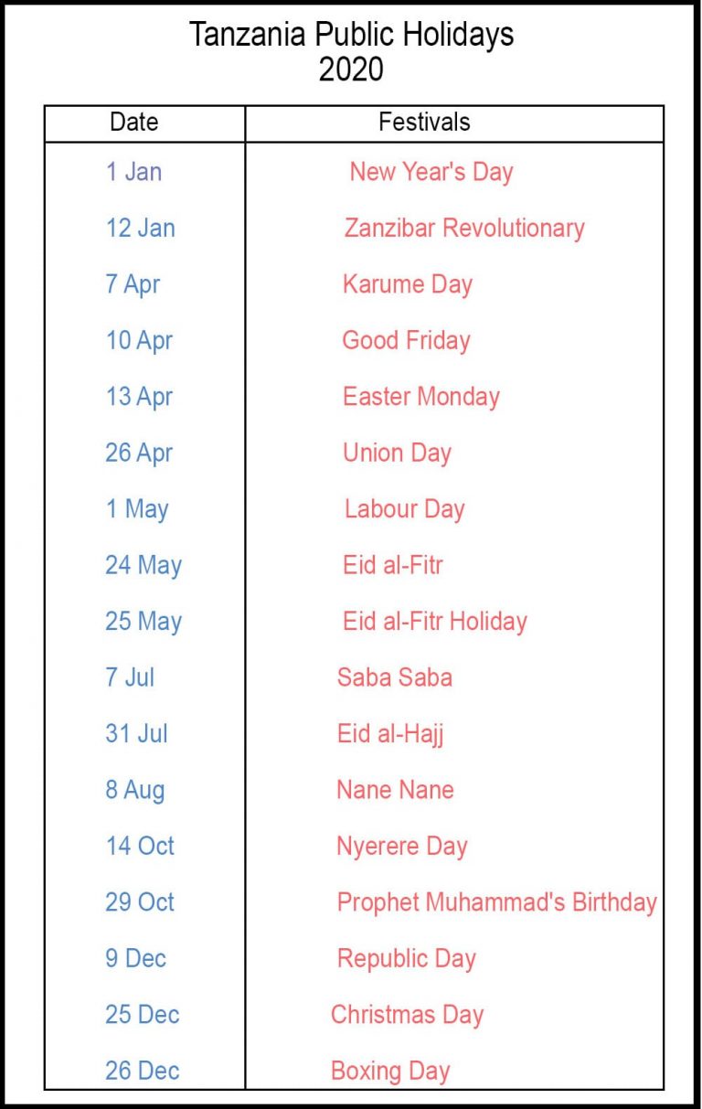 Free 2020 Tanzania Printable Calendar With Public Holidays