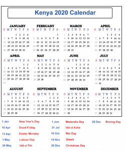Blank Kenya Calendar 2020 Public Holidays
