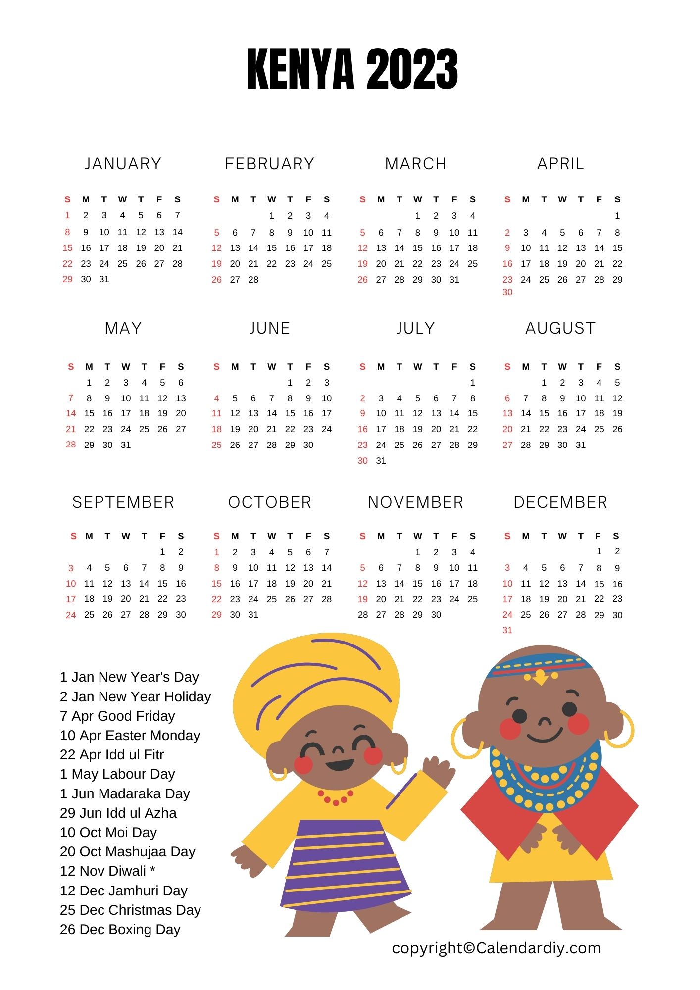 Printable Kenya Calendar 2023