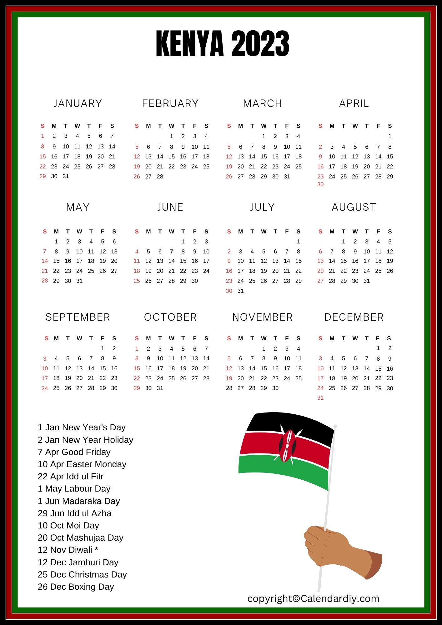 Blank Kenya Calendar 2023 Public Holidays
