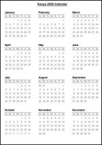 Blank Kenya 2020 Printable Calendar With Public Holidays