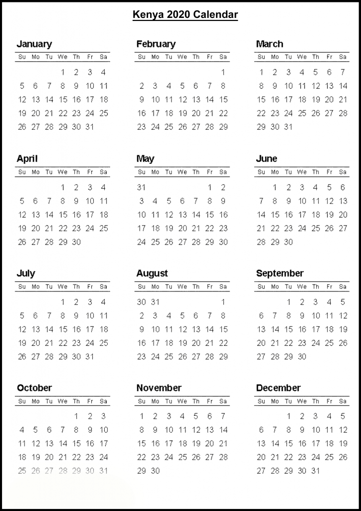 Blank Kenya 2020 Printable Calendar With Public Holidays