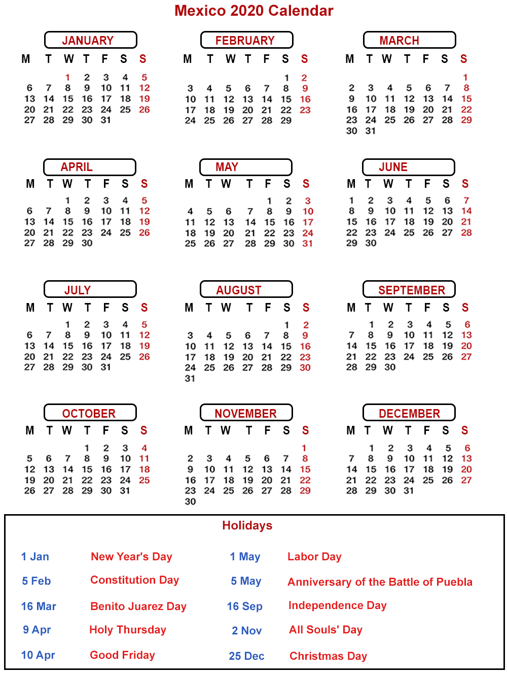 Free 2020 Mexico Printable Calendar With Public Holidays