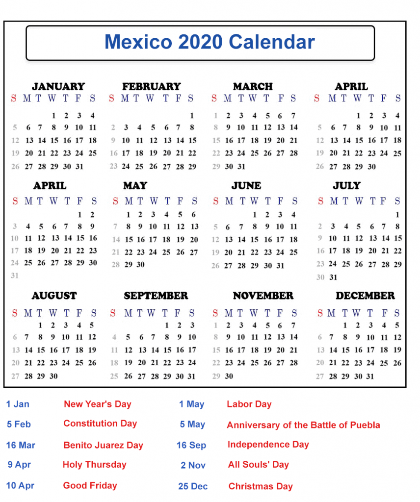 Printable Calendar 2020 with Mexico Holidays
