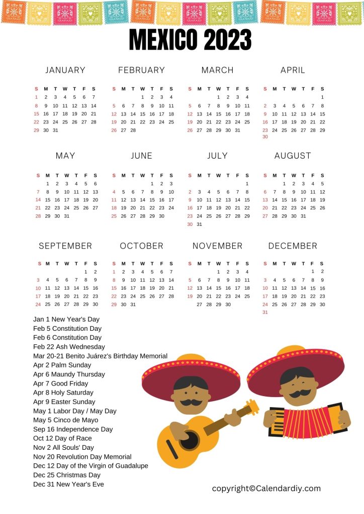 Mexico Calendar 2023 with Holidays