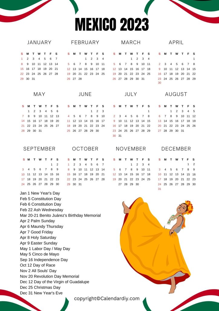 Mexico Calendar with Public Holidays