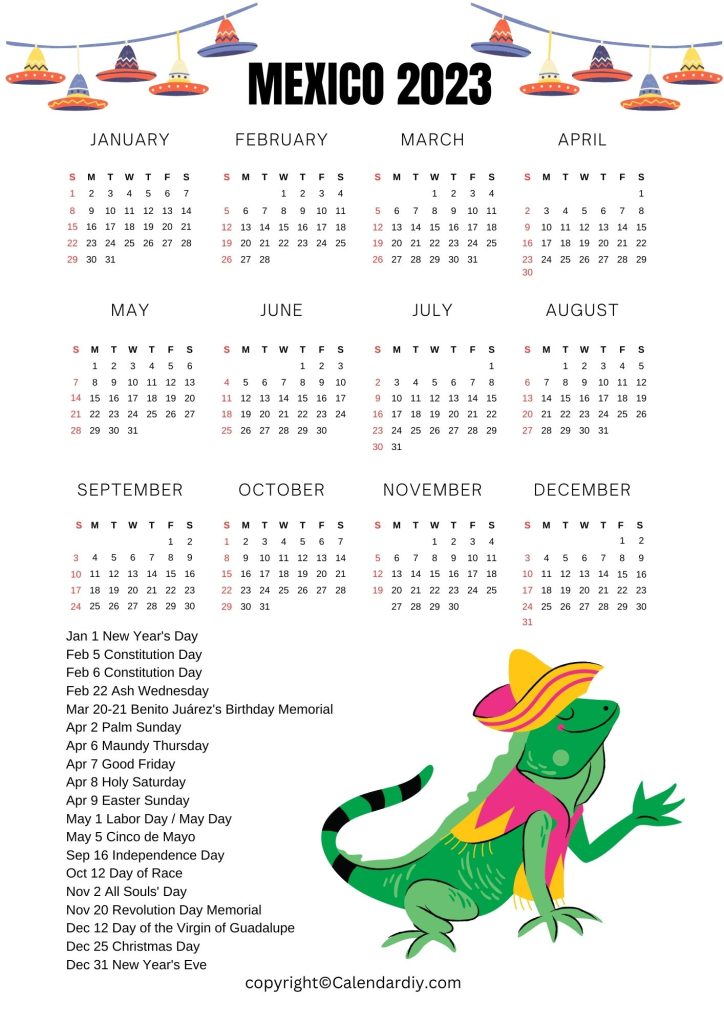 Printable Calendar 2023 with Mexico Holidays