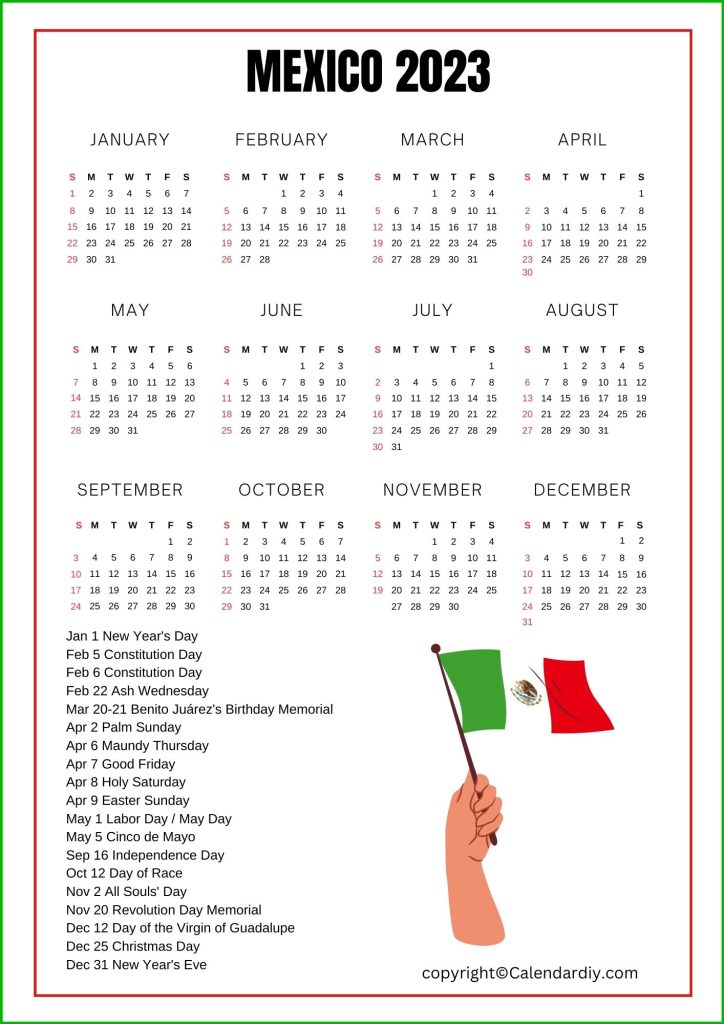 Free Printable Mexico Calendar 2023 with Public Holidays