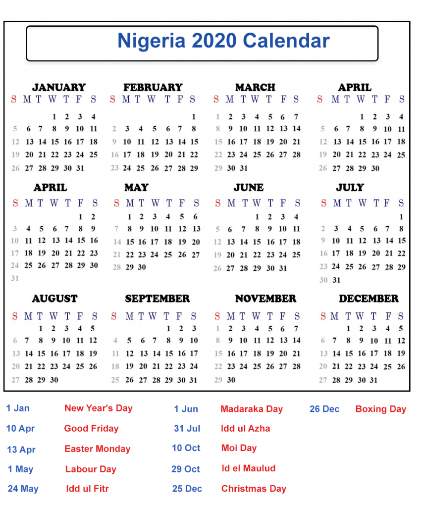 Nigeria1min Printable Calendar DIY