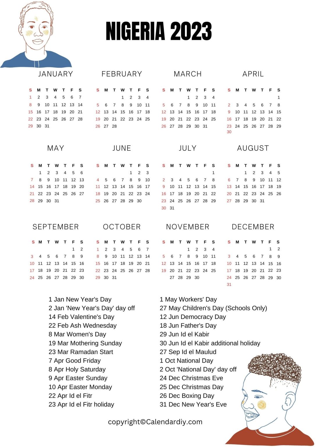 Nigeria 2023 Calendar Printable With Public Holidays