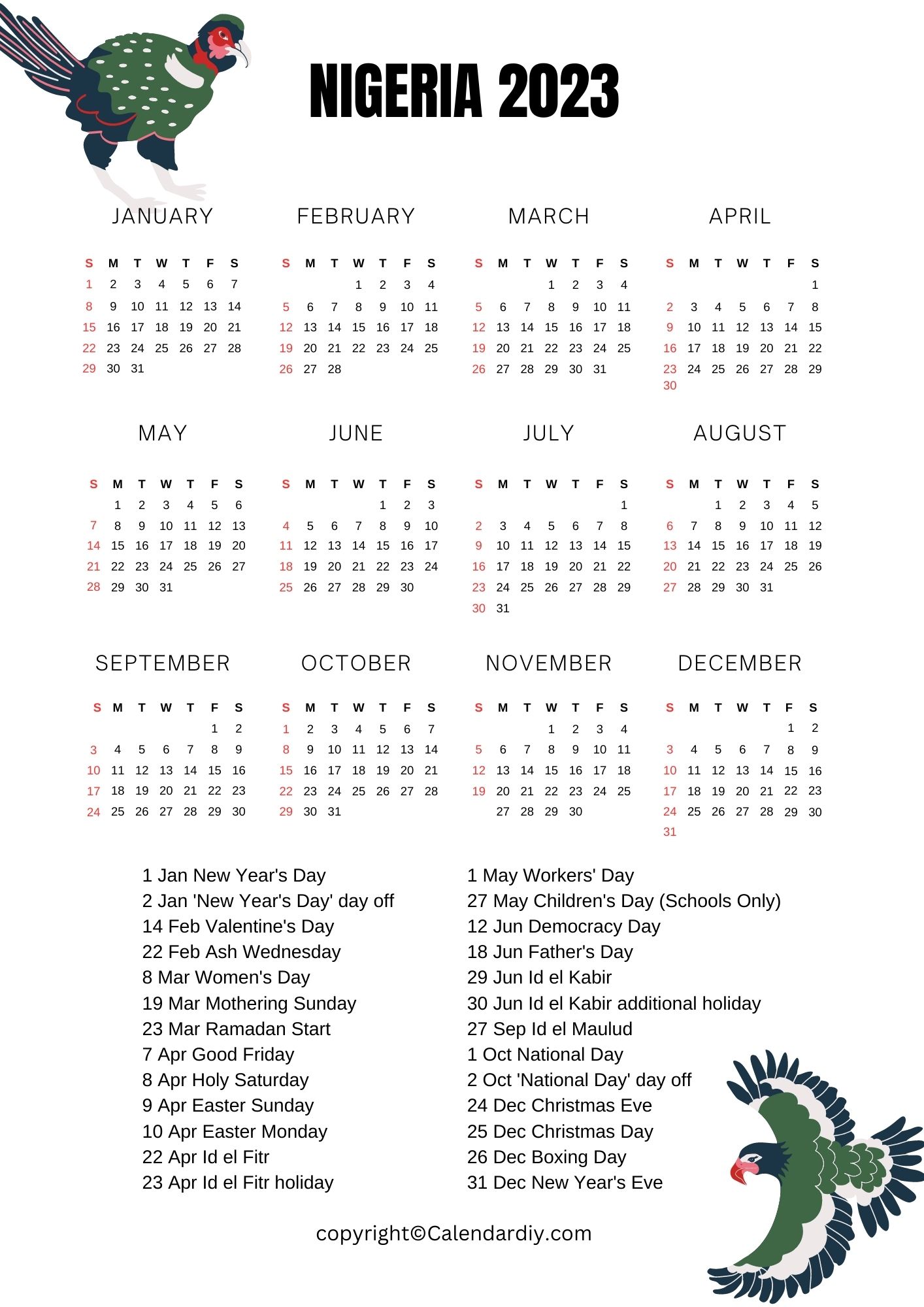 Printable Calendar 2023 with Nigeria Holidays