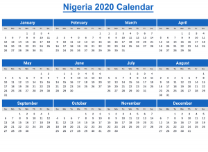 Printable Nigeria 2020 Calendar