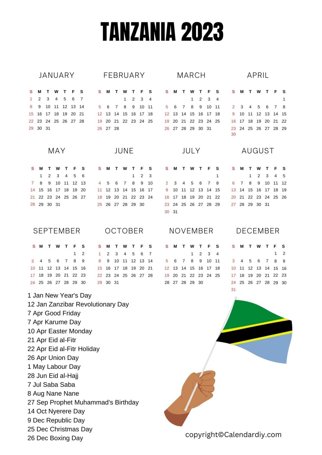 Tanzania Calendar 2023 With Tanzania Public Holidays
