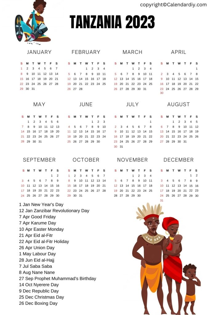 Printable Calendar 2023 Tanzania 