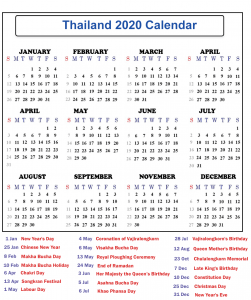 Thailand Calendar 2020 Public Holidays